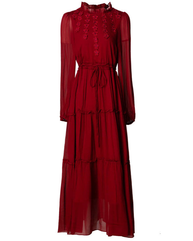 فستان شيفون متعدد الطبقات بأكمام طويلة وتطريز زهري - سكارليزا