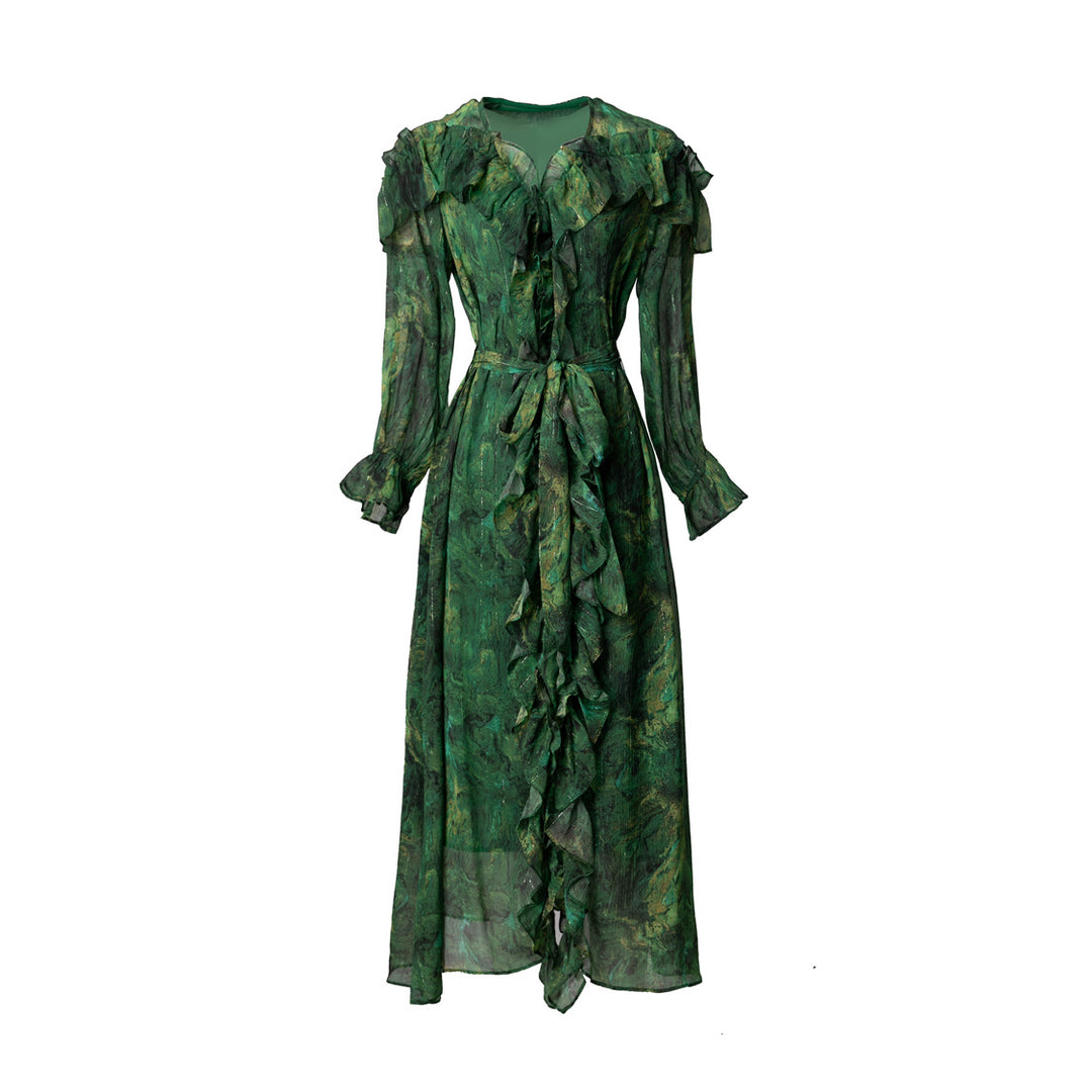 فستان شيفون ملفوف متوسط ​​الطول مع حواف مكشكشة – إيميرالد ويسبر