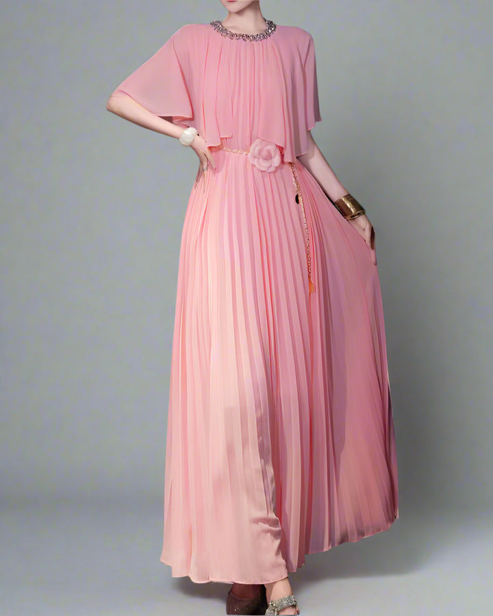 pleated cape-sleeve maxi dress with floral belt - AURORAD