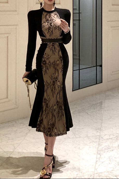 long-sleeve lace panel midi dress with contrast trim – SERENA