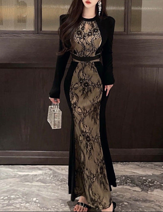 long-sleeve lace panel midi dress with contrast trim – SERENA