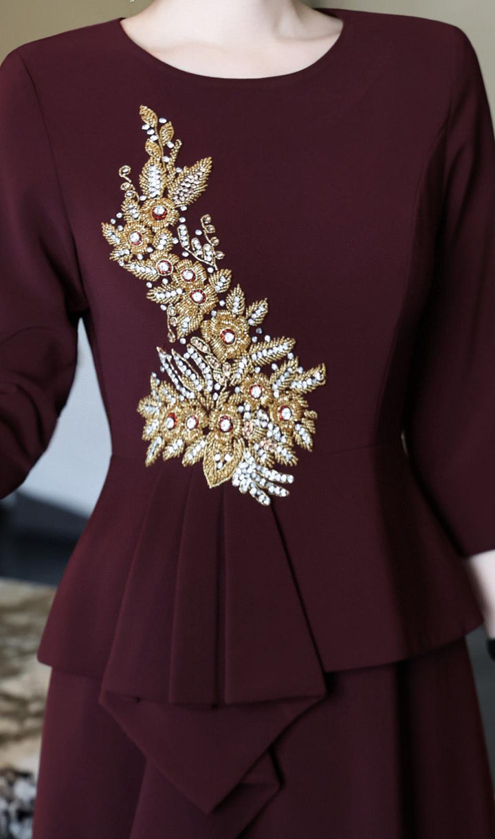 embellished peplum dress with cascading ruffle skirt – NOIR