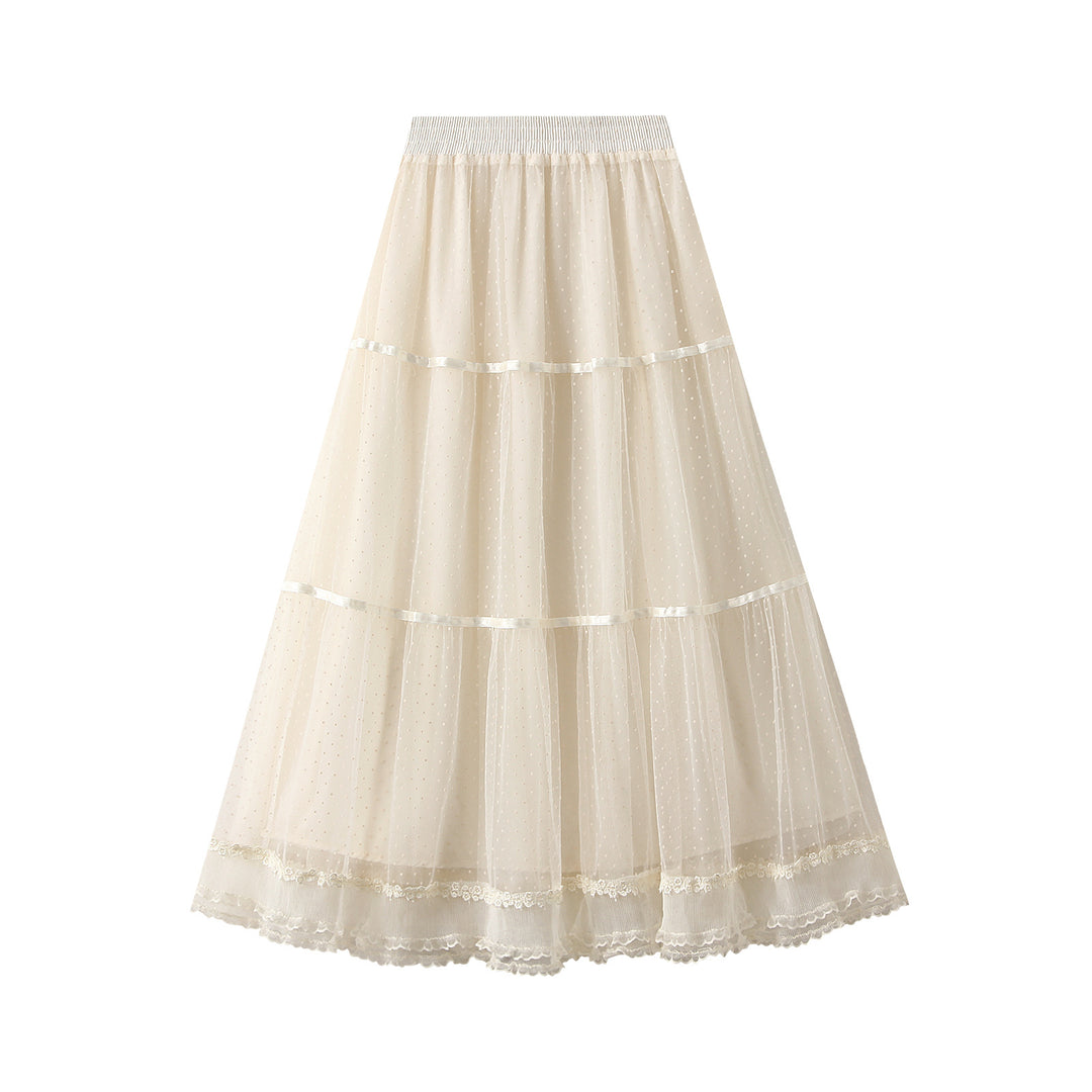 tiered dotted tulle midi skirt with lace trim – ELIORA