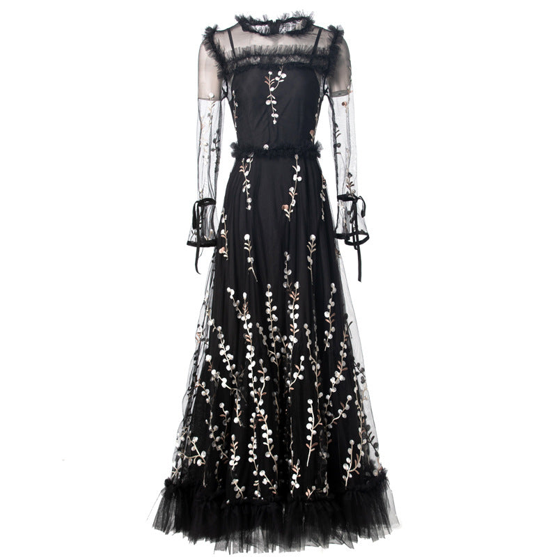 embroidered tulle gown with sheer sleeves – NOIR