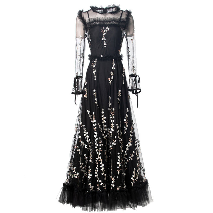 embroidered tulle gown with sheer sleeves – NOIR