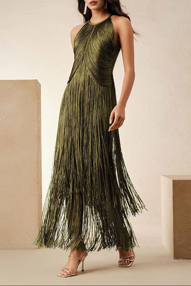 metallic halter fringe gown – SIENNA