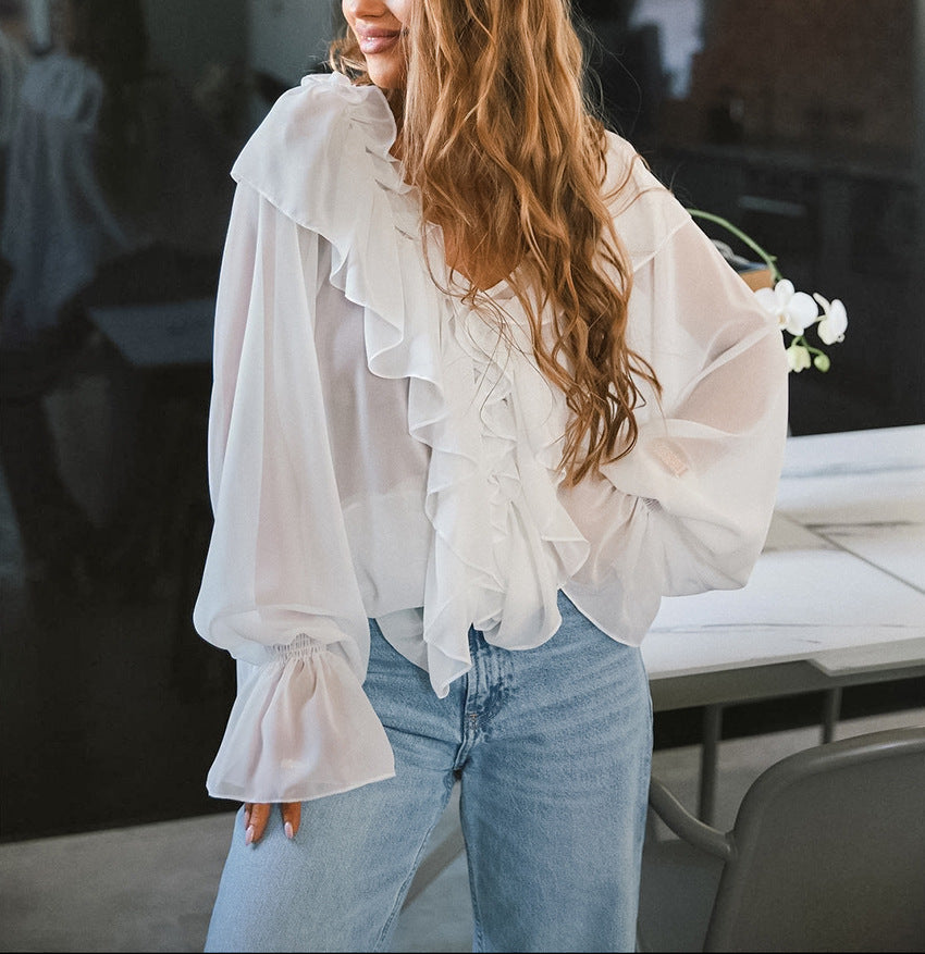 chiffon blouse with cascading ruffle neckline – SERENE