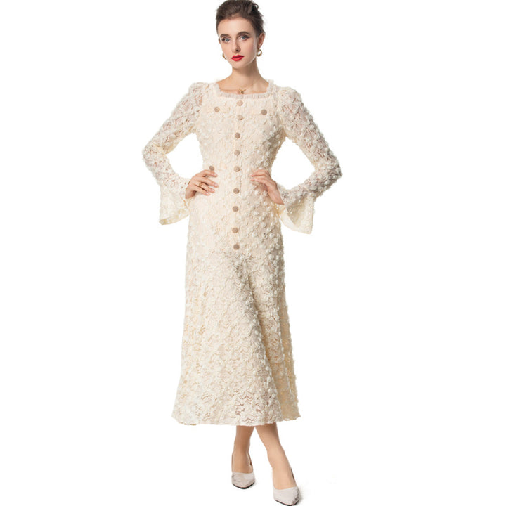 textured lace midi dress with flared sleeves – ESMÉE