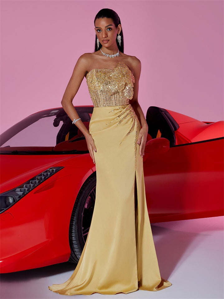 strapless satin gown with embellished bodice – AURELIA