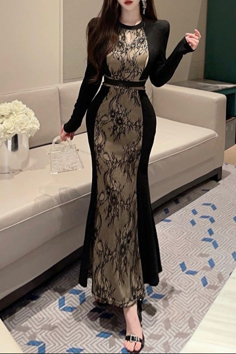 long-sleeve lace panel midi dress with contrast trim – SERENA