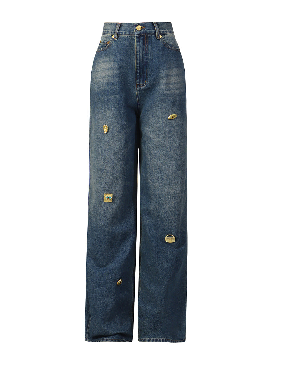High-Waist Wide-Leg Denim with Gold Charms – AURA