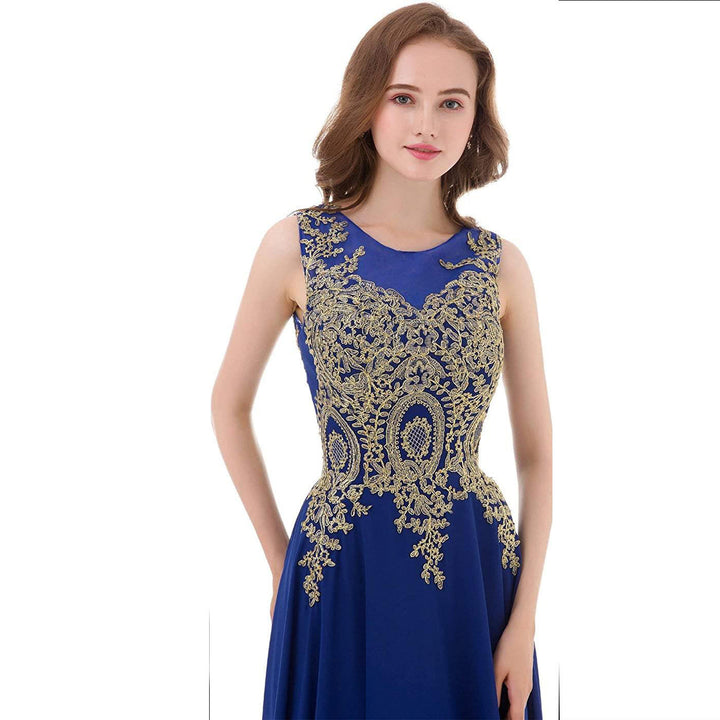 sleeveless chiffon gown with gold sequin bodice – AURONZA