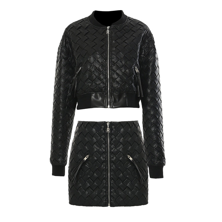 quilted leather bomber jacket and mini skirt set – RAVENIZ