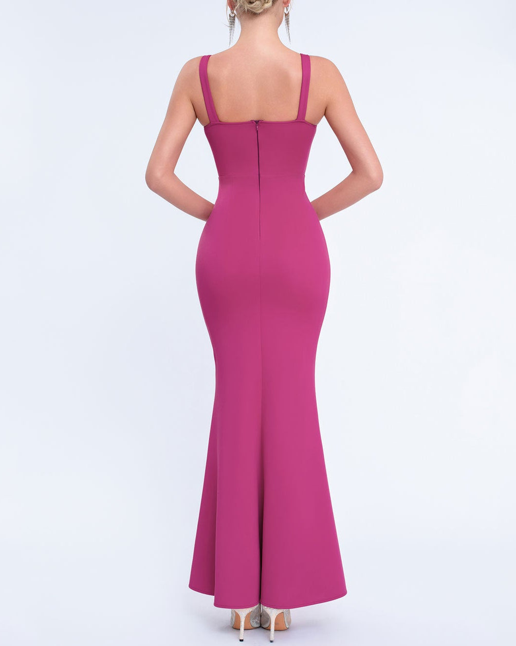 sleeveless column dress with draped neckline and floral accents – SERENABI