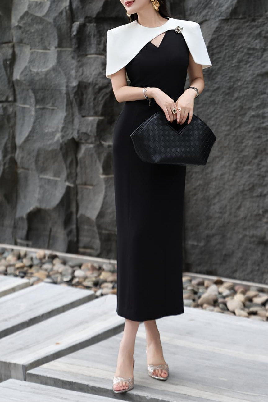 column dress with contrast cape overlay – NOIRÉ