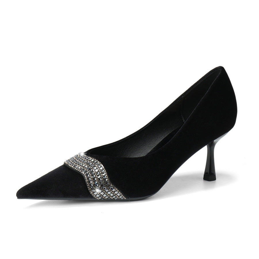 Velvet Rhinestone Pointed Pumps - Blush