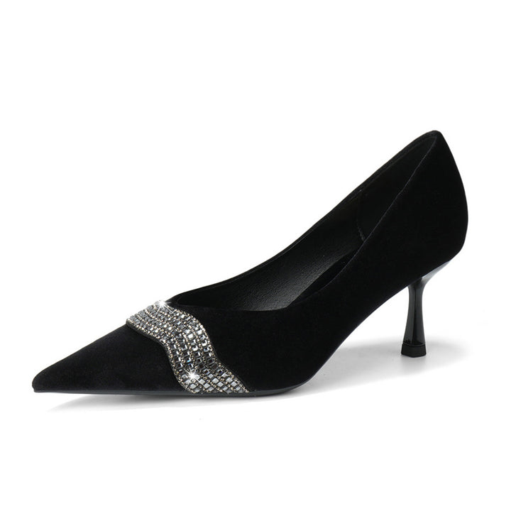 Velvet Rhinestone Pointed Pumps - Blush
