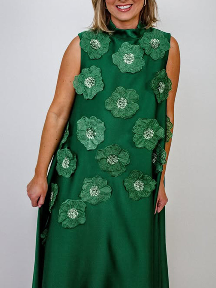 فستان ماكسي بدون أكمام بتصميم حرف A مع زخارف نباتية ثلاثية الأبعاد – زهر
