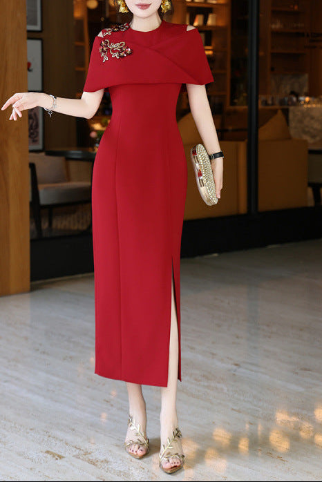 off-shoulder column dress with embellished cape – RUBY