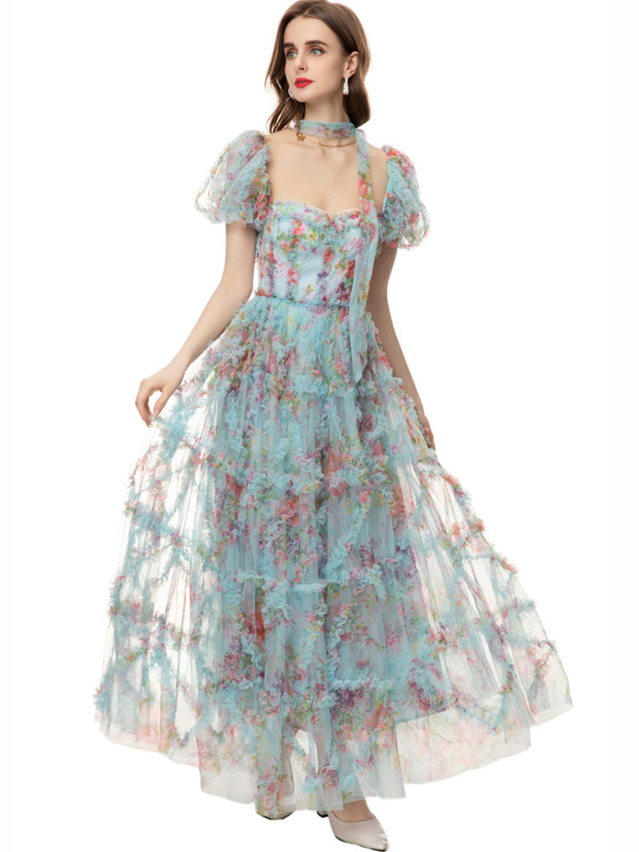 puff sleeve tiered tulle gown with floral appliqué - AUROZRA
