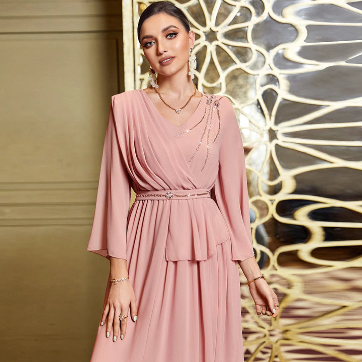 draped long sleeve gown with belted waist - AMANKA