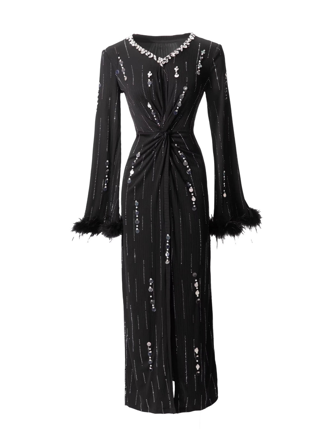 فستان مزخرف بفتحة وأكمام مزينة بالريش – فيفيانا