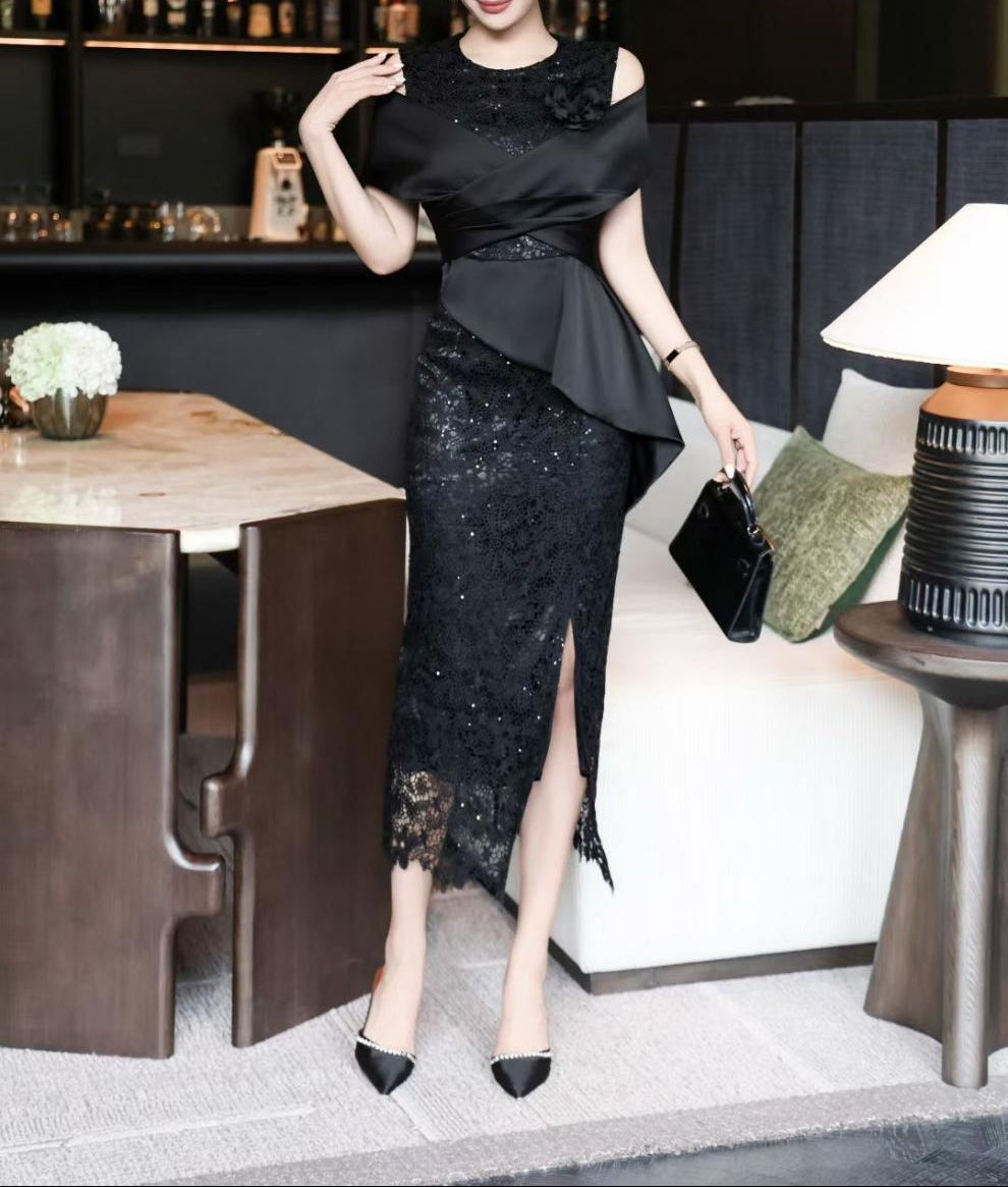 sequined lace dress with sculpted wrap bodice – RENÉ