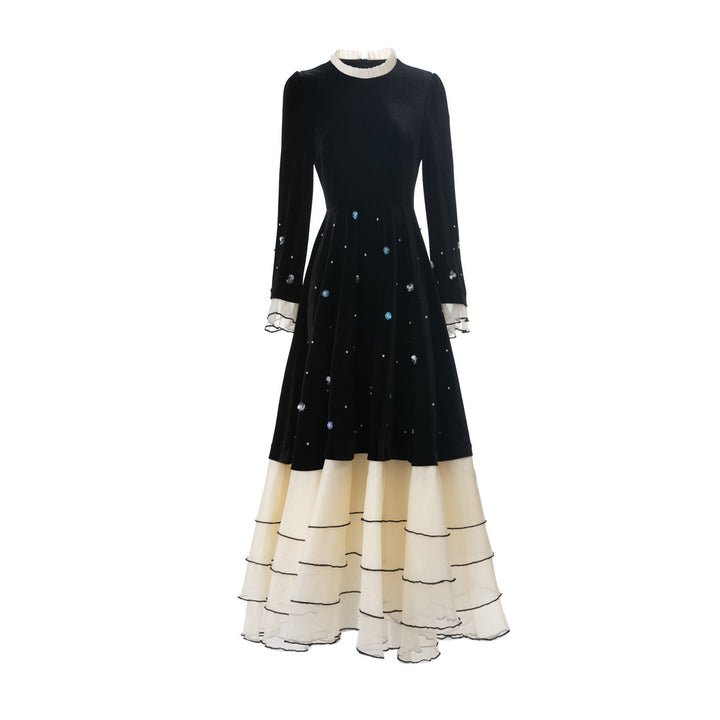 velvet gown with pearl embellishments and layered hem – LUMIÈRE
