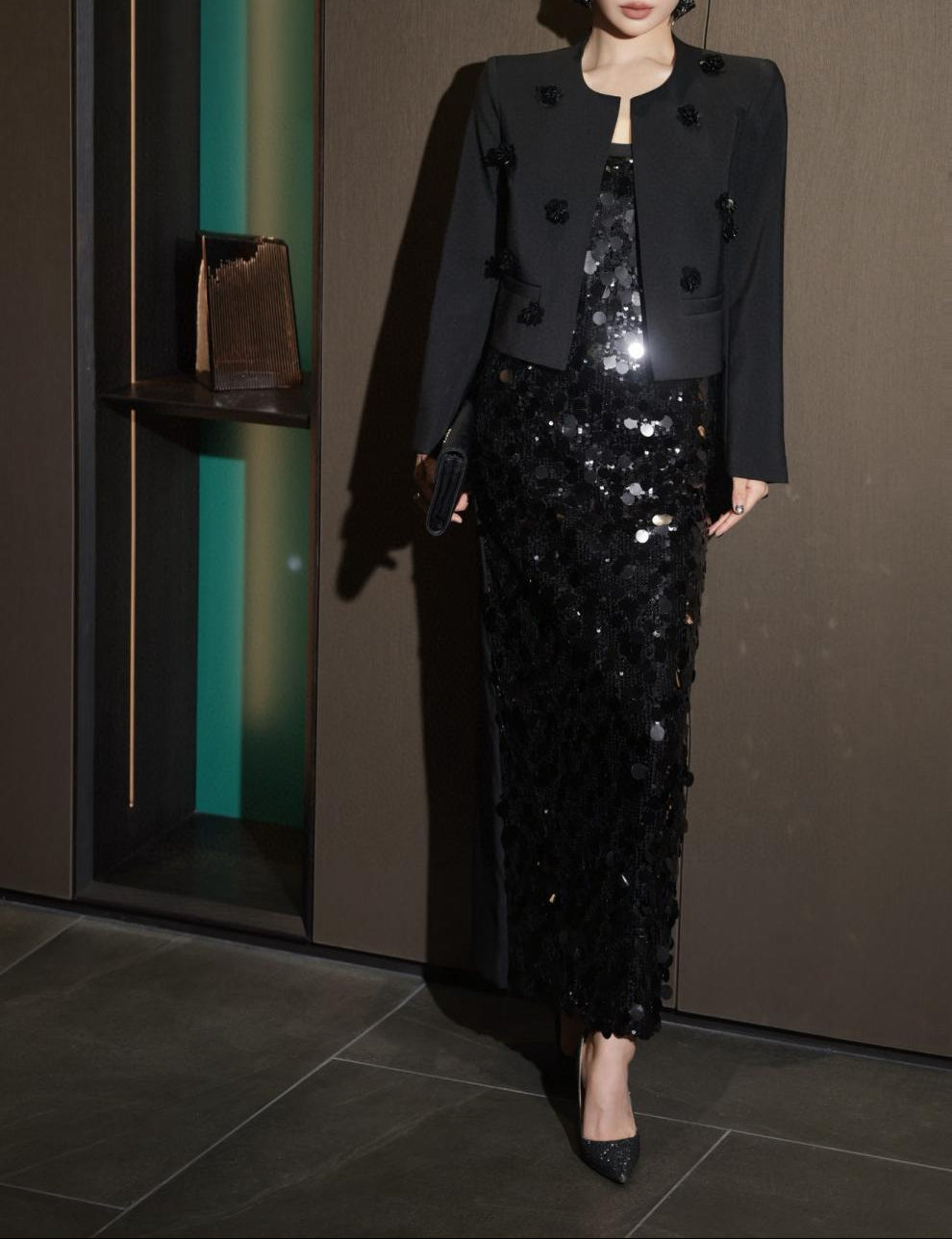 sleeveless sequin column dress with embellished cropped blazer – AURORA