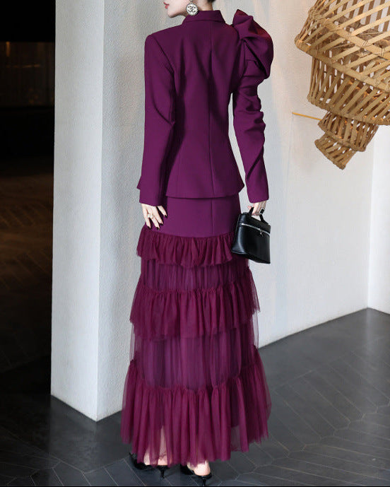 structured ruffle-sleeve blazer set with tiered tulle skirt – AMARANTH