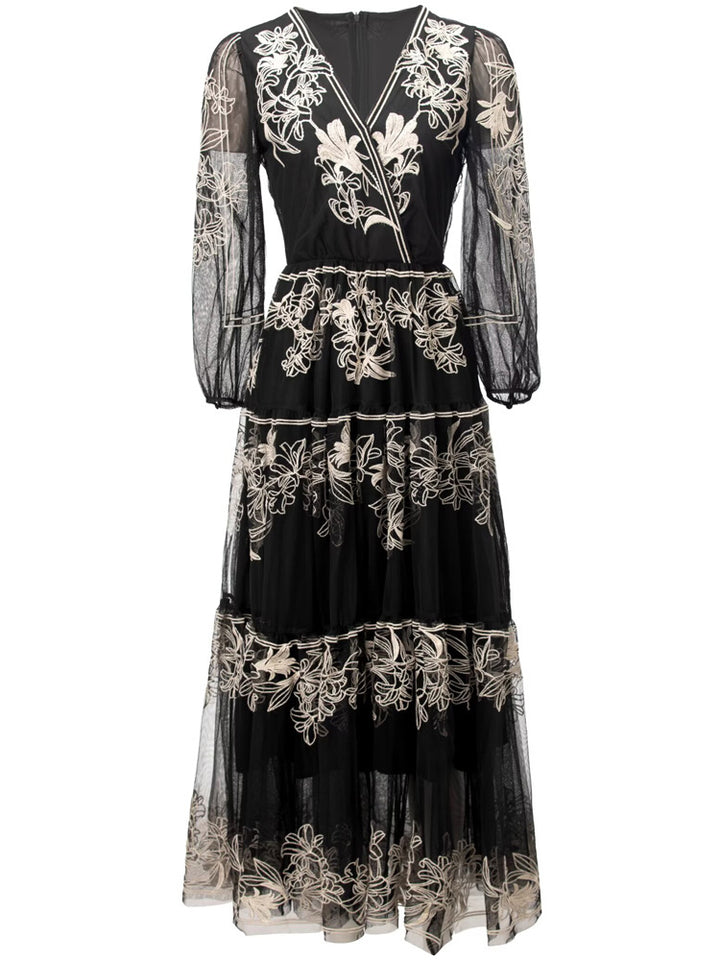 Embroidered tulle midi dress with sheer sleeves – FLORA