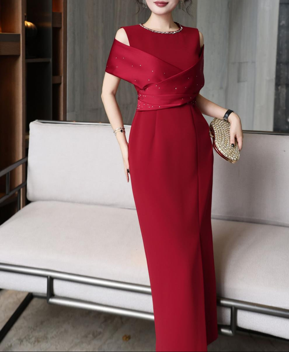 cold-shoulder column dress with satin drape – RUBINA