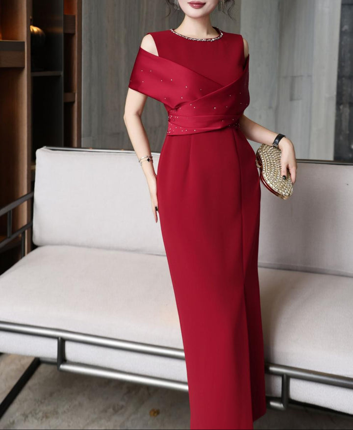 cold-shoulder column dress with satin drape – RUBINA