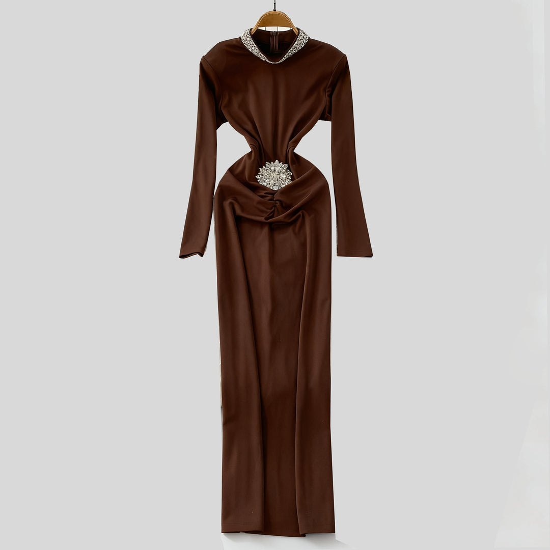 long-sleeve embellished draped midi dress – AURELIA