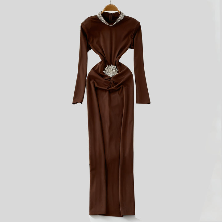 long-sleeve embellished draped midi dress – AURELIA