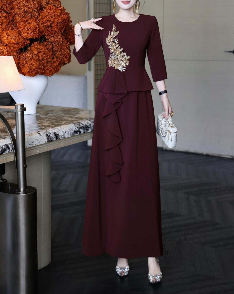 embellished peplum dress with cascading ruffle skirt – NOIR