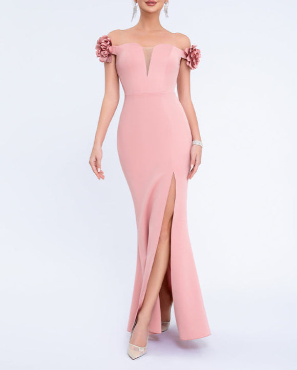 فستان عمودي مكشوف الكتفين بأكمام مزهرة وشق أمامي – أماراكسيا