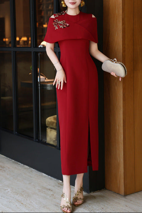 off-shoulder column dress with embellished cape – RUBY