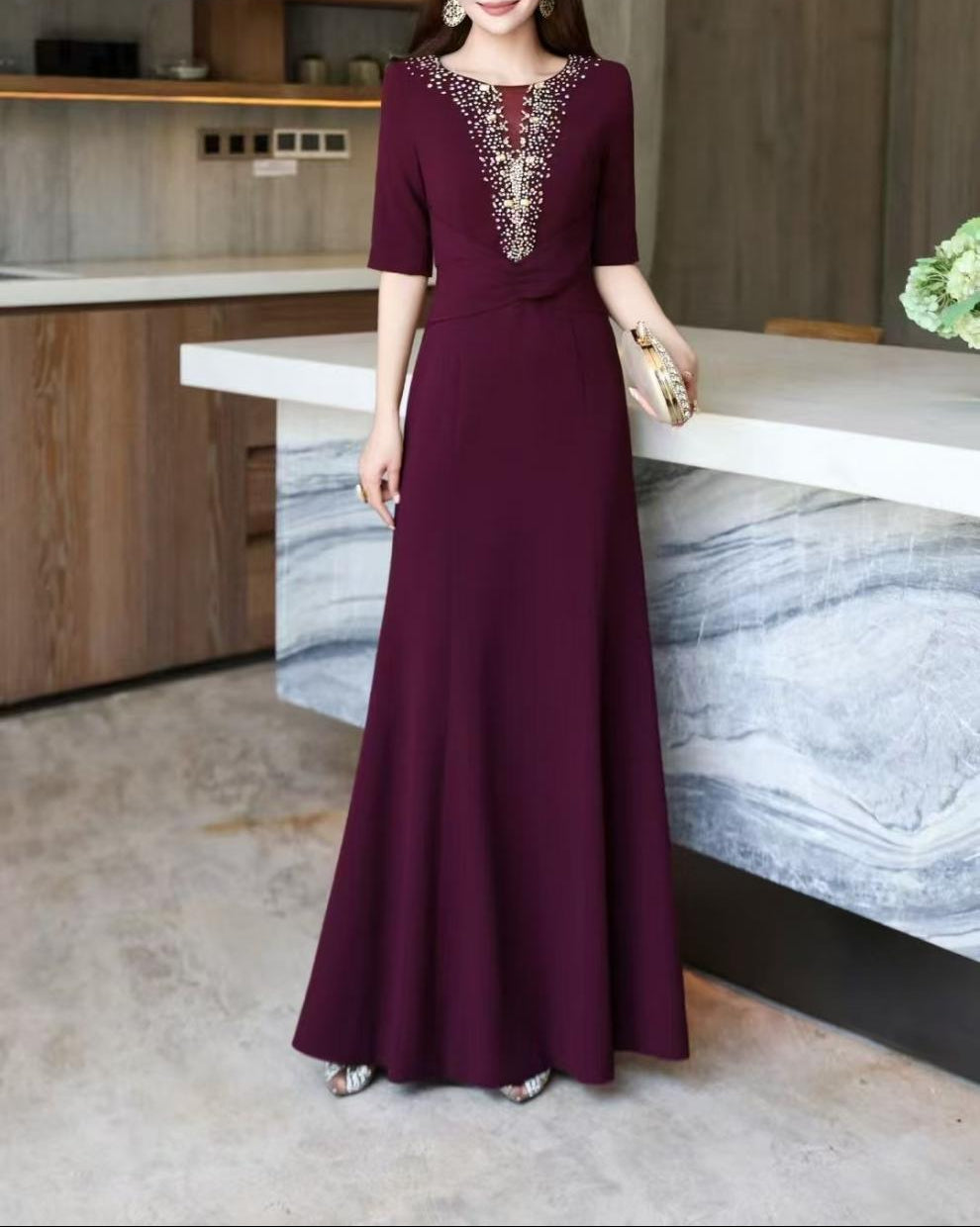 embellished deep-V mermaid dress – MAGENTA LUXE