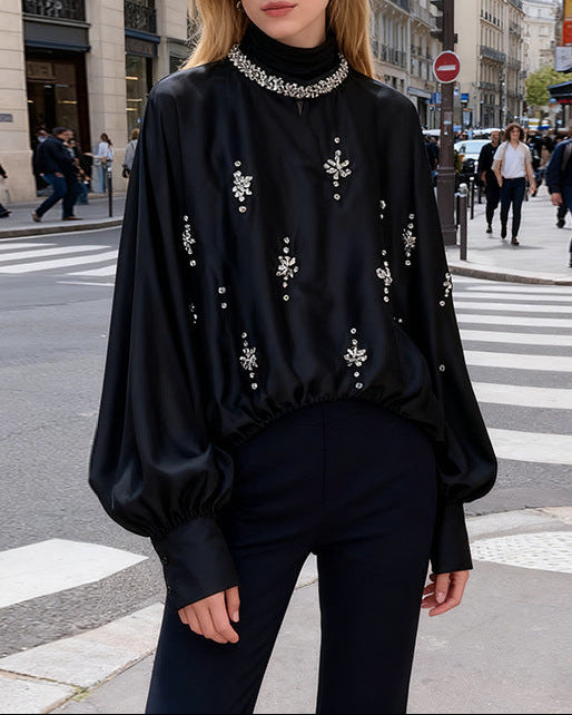 embellished satin batwing blouse with crystal neckline – CELESTE