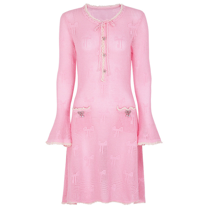 crochet flare-sleeve dress with bow-tie neckline – CELINERTA