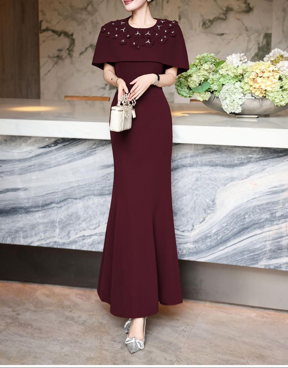 cape-shoulder mermaid dress with embellished neckline – FUCHSIA