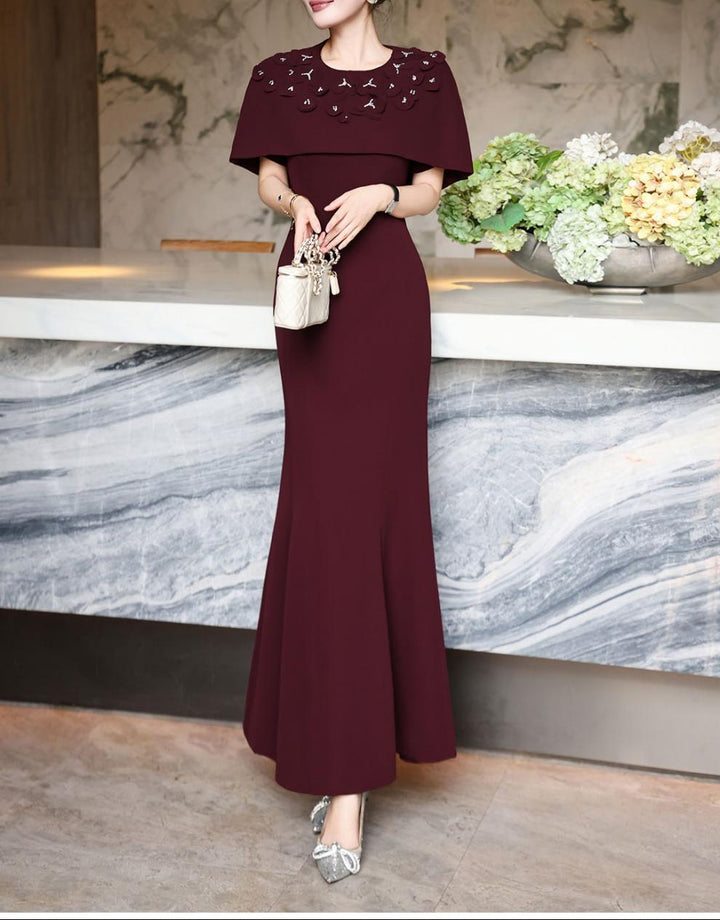 cape-shoulder mermaid dress with embellished neckline – FUCHSIA