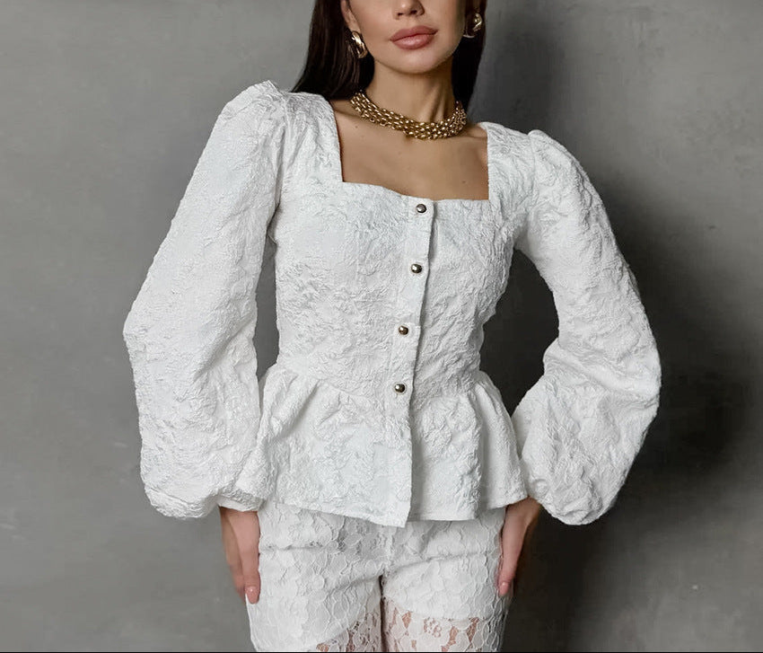 brocade puff-sleeve blouse with square neckline – DAMARA