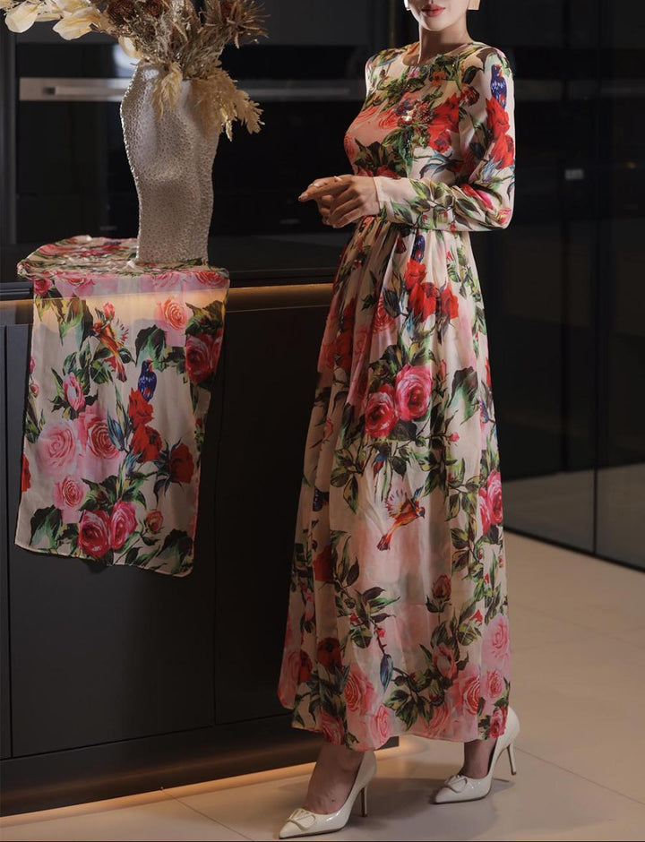 long-sleeve floral chiffon gown with pleated skirt – AMORA