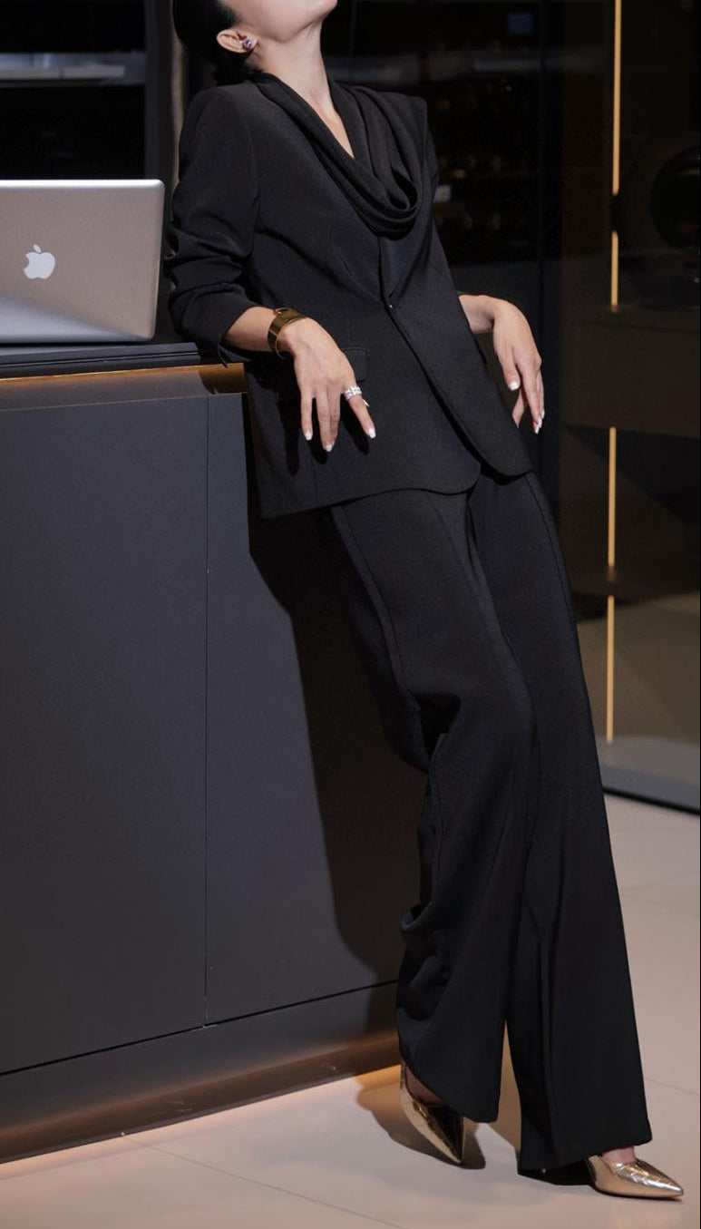 tailored wide-leg pantsuit with draped lapel blazer – ASTER