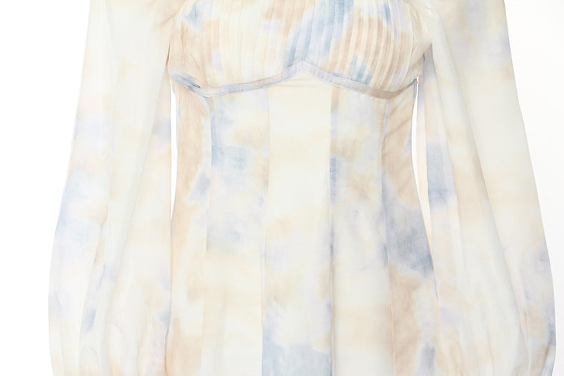 Corset-style midi dress with ruffled neckline and puff sleeves – LUMERA