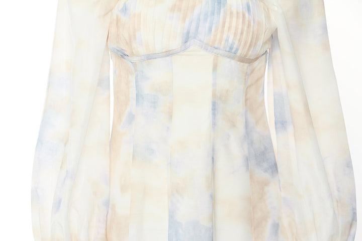 Corset-style midi dress with ruffled neckline and puff sleeves – LUMERA