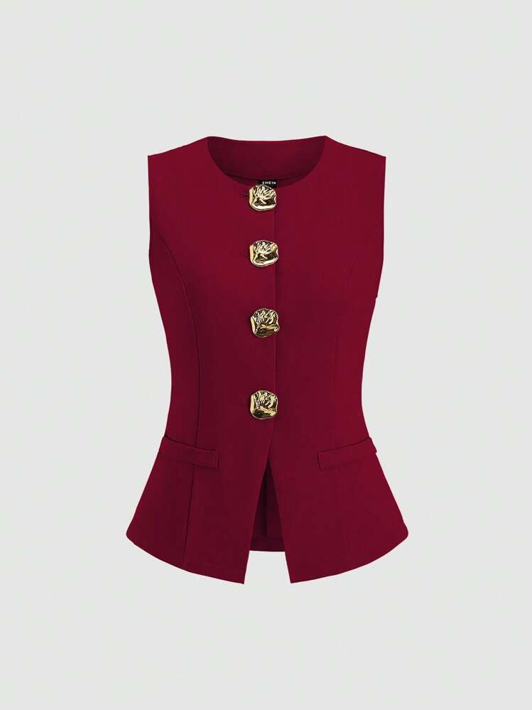 سترة أنيقة بدون أكمام مزينة بأزرار ذهبية منحوتة - فاليري
