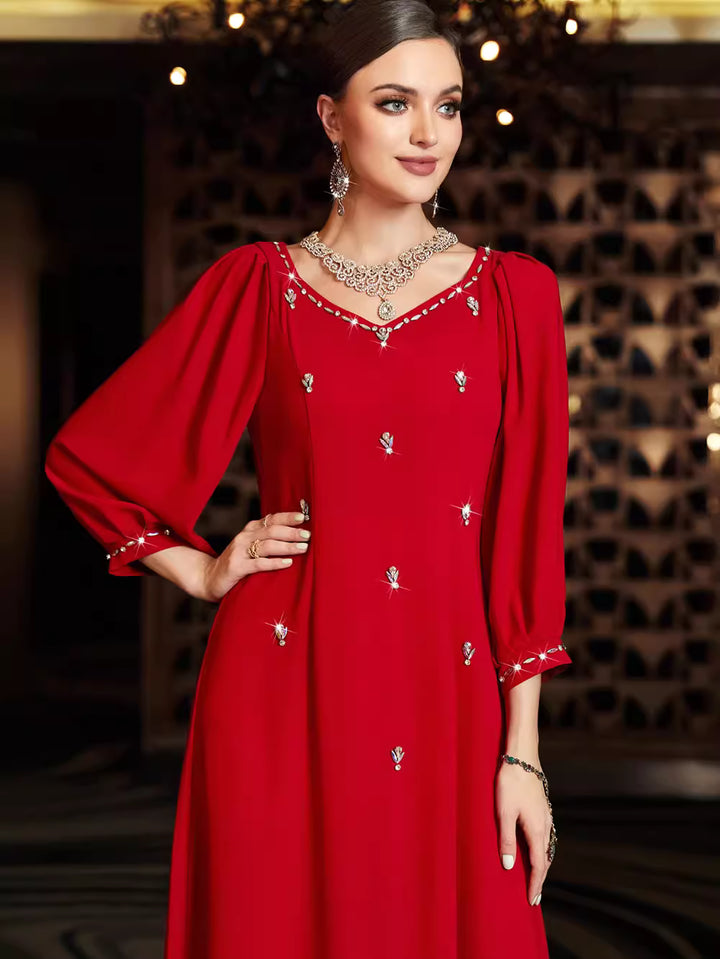 costume évasé sur mesure avec manches bouffantes en satin – VALENCIA 